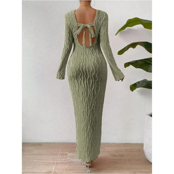 Women's Knit Maxi Dress Long Sleeve Backless Bodycon Fall Winter Green Large - Picture 2 of 6